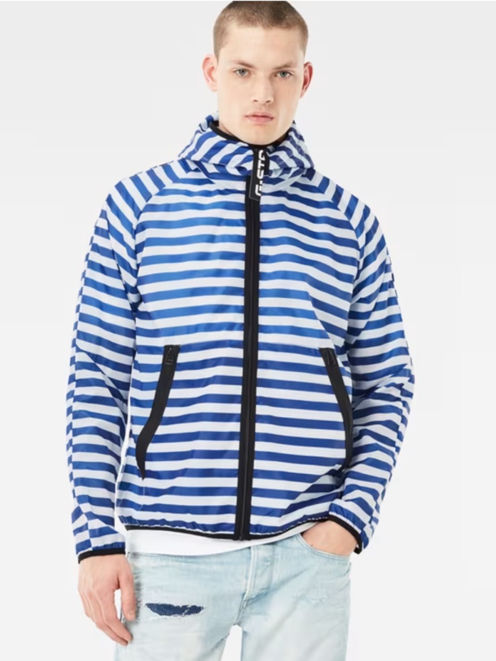 Striped Blue & White Zip-Up Windbreaker Jacket S